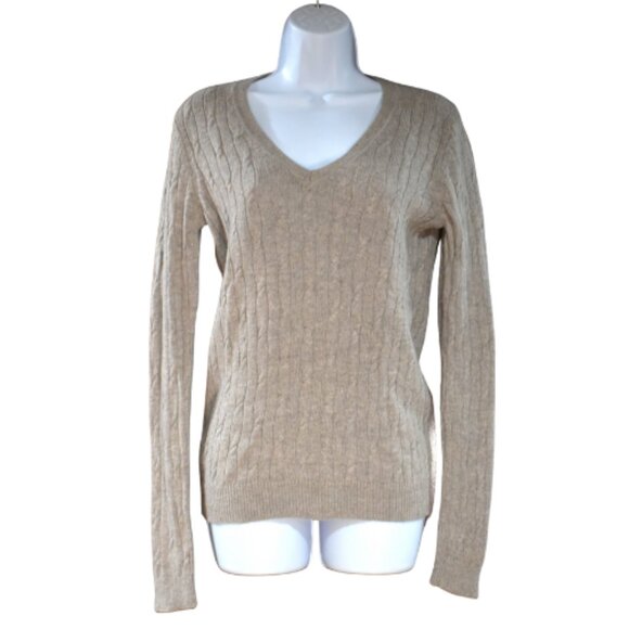 LOFT Cable Knit V-Neck Sweater XS Petite Beige Tan Wool Blend Soft Casual Chic - Picture 1 of 13